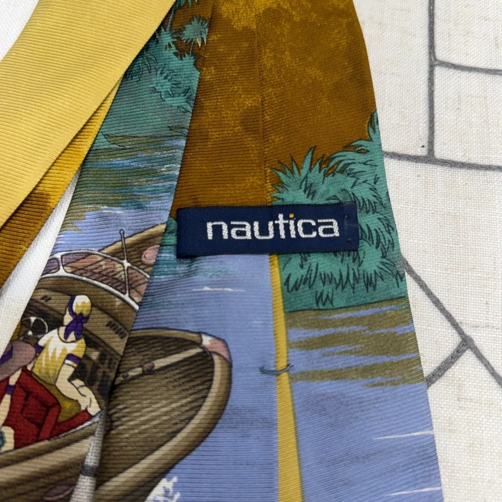 Nautica‎ Silk Necktie One Size Blue Yellow Vintage Tropical Boat Seaplane Scenic